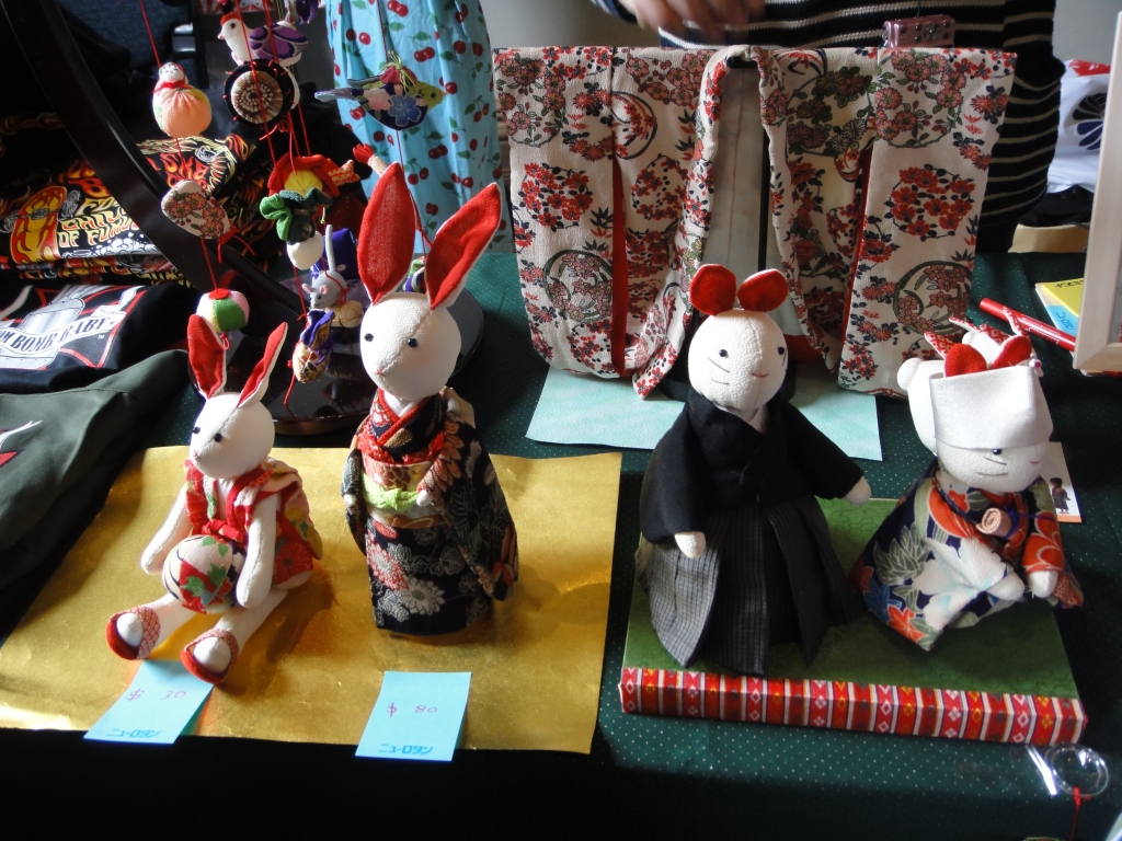Japanese bunny dolls/plushies on display. Adorable. Photo by Sue Chen.